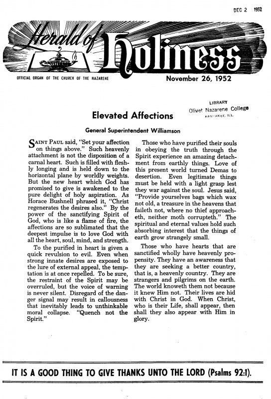 Title Page of Herald of Holiness - November 26, 1952
