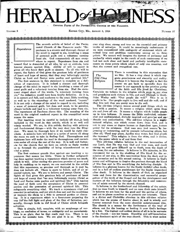 Title Page of Herald of Holiness - August 5, 1914
