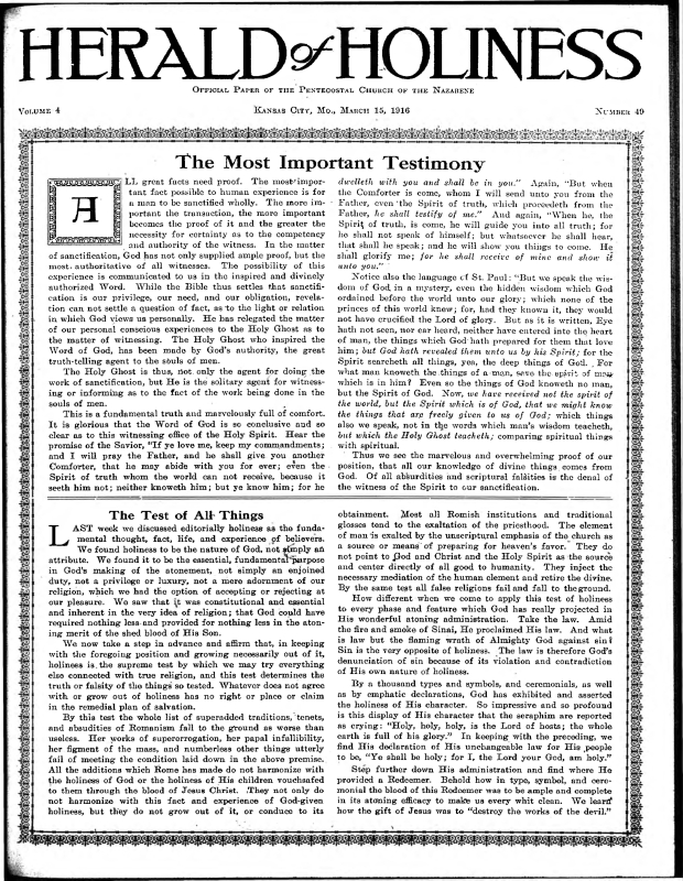 Title Page of Herald of Holiness - March 15, 1916