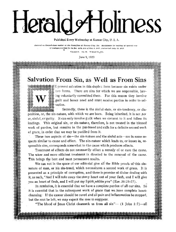 Title Page of Herald of Holiness - June 9, 1920
