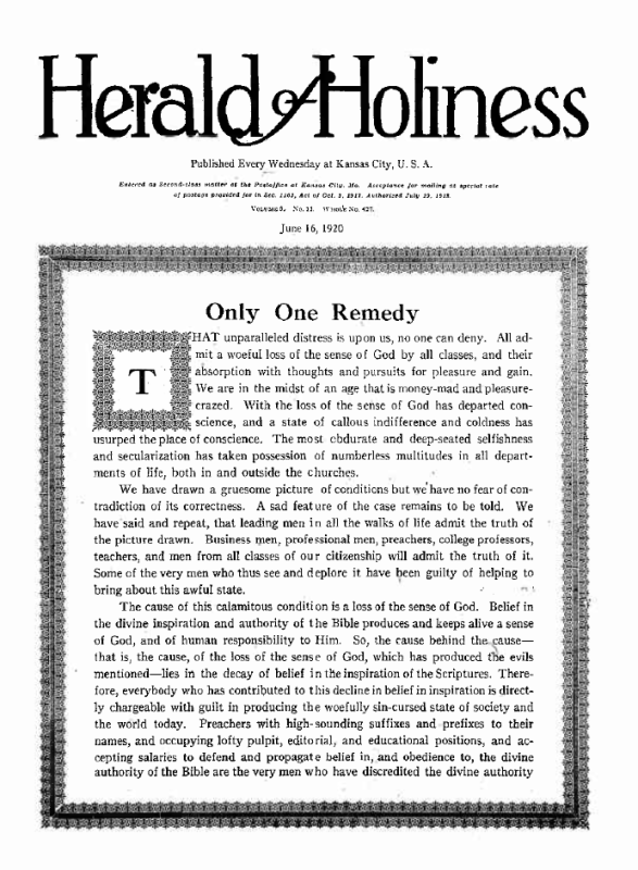 Title Page of Herald of Holiness - June 16, 1920