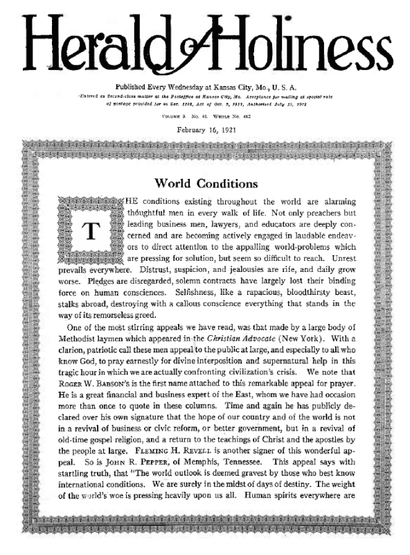 Title Page of Herald of Holiness - February 16, 1921