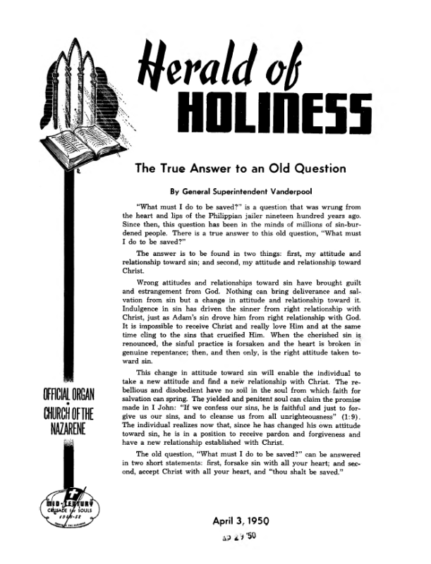 Cover of Herald of Holiness - April 3, 1950
