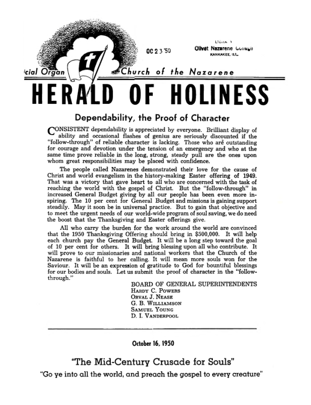 Cover of Herald of Holiness - October 16, 1950