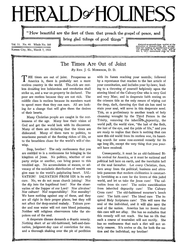 Front page of Herald of Holiness - March 7, 1923