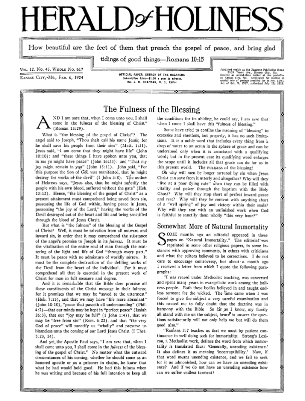 Front page of Herald of Holiness - February 6, 1924