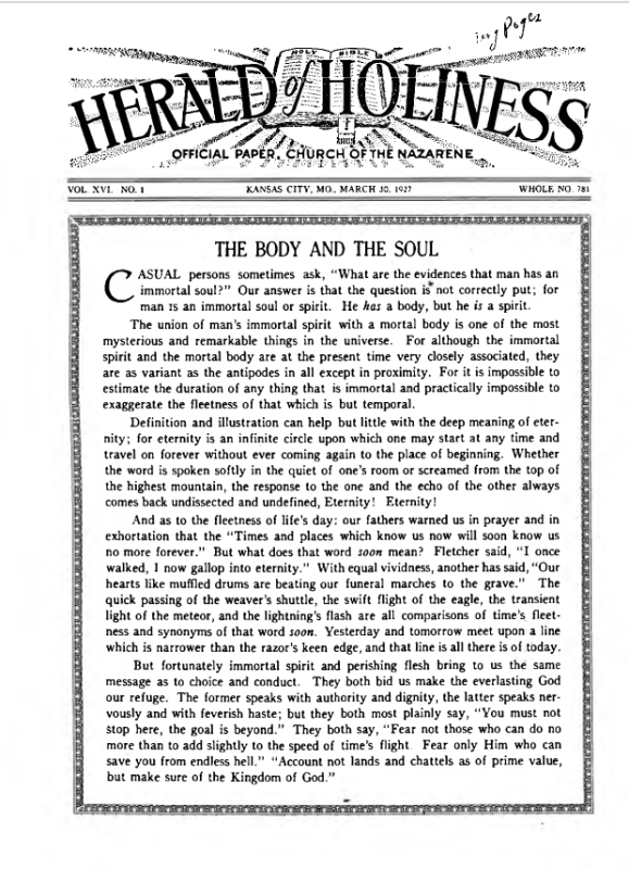 Front page of Herald of Holiness - March 30, 1927