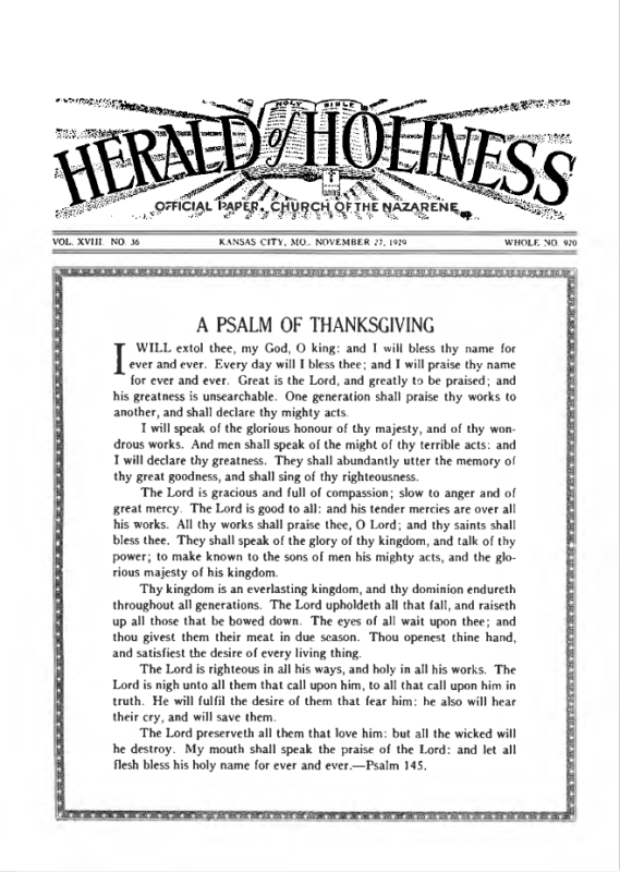 Front page of Herald of Holiness - November 27, 1929