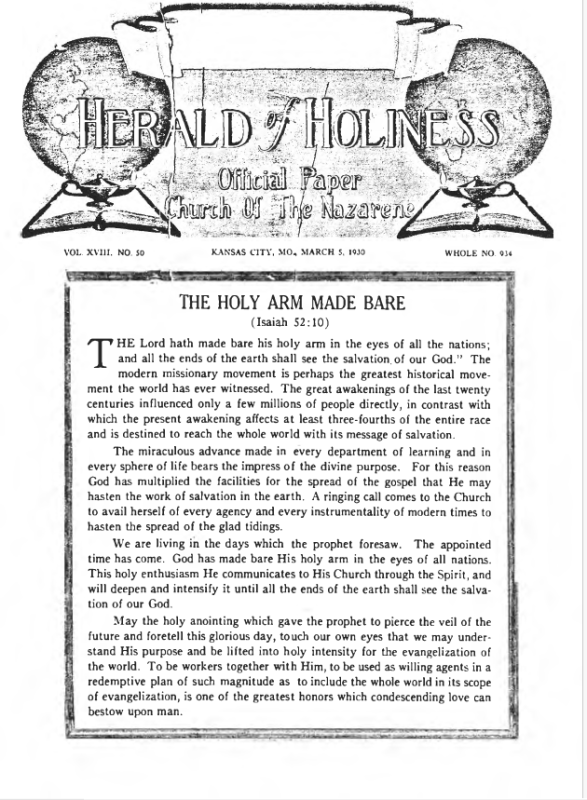 Front page of Herald of Holiness - March 5, 1930